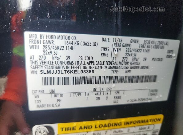 5LMJJ3LT6KEL03386 2019 LINCOLN NAVIGATOR Черный Вид наклейки с VIN-кодом