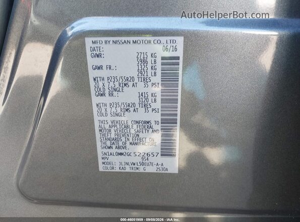 5N1AL0MM2GC522657 2016 INFINITI QX60 Gray Շարժիչի բաժամունքի տեսք