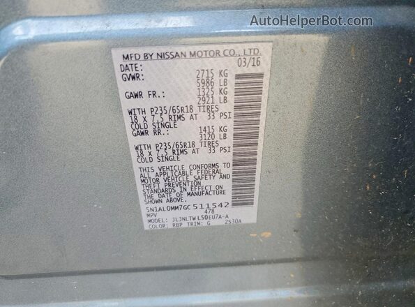 5N1AL0MM7GC511542 2016 INFINITI QX60 Blue VIN კოდის სტიკერის ხედი