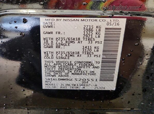 5N1AL0MM9GC520551 2016 INFINITI QX60 Black VIN sticker view