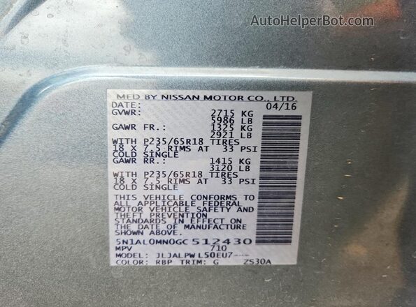 5N1AL0MN0GC512430 2016 INFINITI QX60 Blue Вид наклейки з VIN-кодом