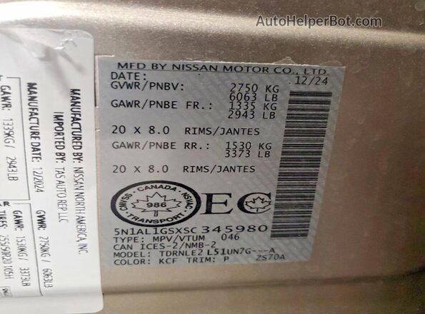 5N1AL1GSXSC345980 2025 INFINITI QX60 Silver VIN sticker view