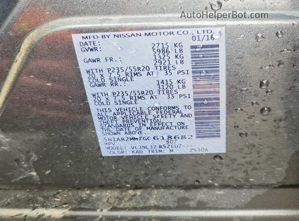 5N1AR2MM7GC618682 2016 NISSAN PATHFINDER Серый Панорамный вид салона 360°