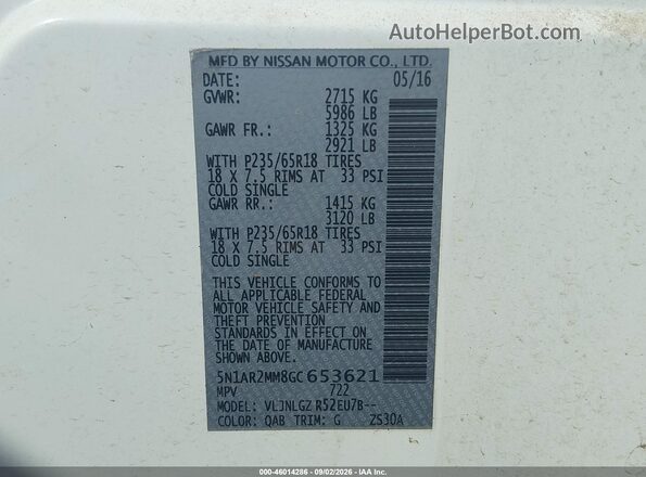 5N1AR2MM8GC653621 2016 NISSAN PATHFINDER White Vista del compartimento del motor
