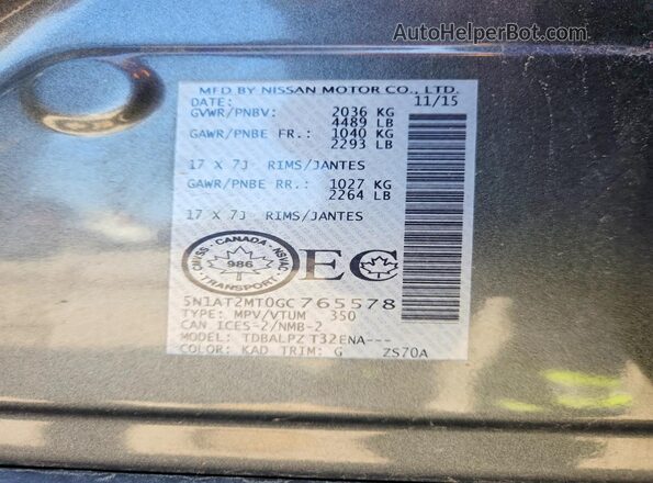 5N1AT2MT0GC765578 2016 NISSAN ROGUE Gray VIN sticker view