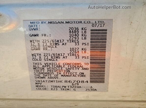 5N1AT2MT1HC867084 2017 NISSAN ROGUE Silver Вид наклейки з VIN-кодом