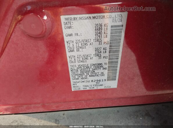 5N1AT2MT2GC829619 2016 NISSAN ROGUE Red Շարժիչի բաժամունքի տեսք