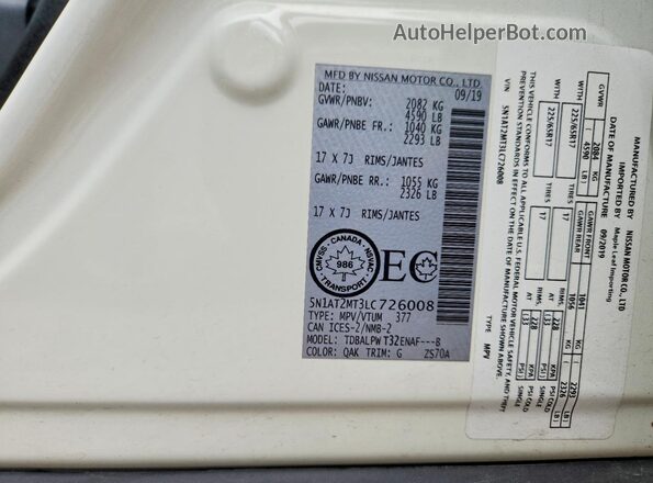 5N1AT2MT3LC726008 2020 NISSAN ROGUE White Вид наклейки з VIN-кодом
