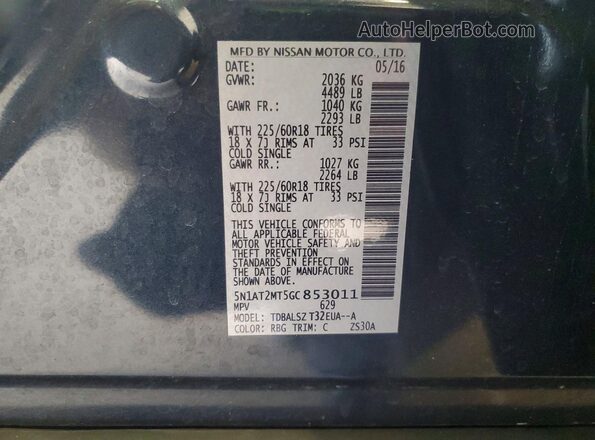 5N1AT2MT5GC853011 2016 NISSAN ROGUE Blue Вид наклейки з VIN-кодом