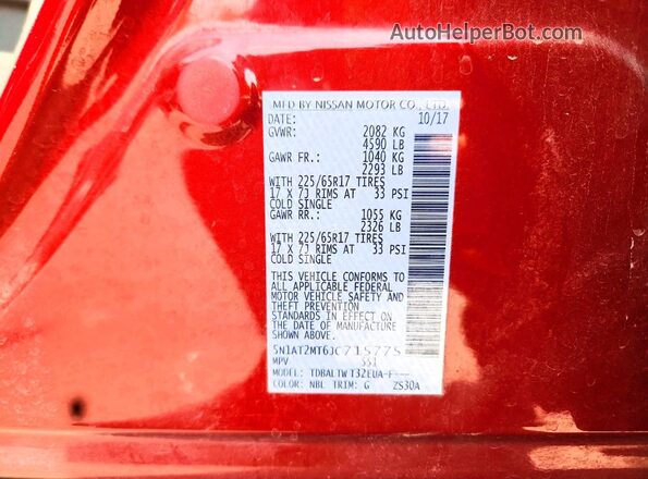 5N1AT2MT6JC715775 2018 NISSAN ROGUE Red Вид наклейки з VIN-кодом