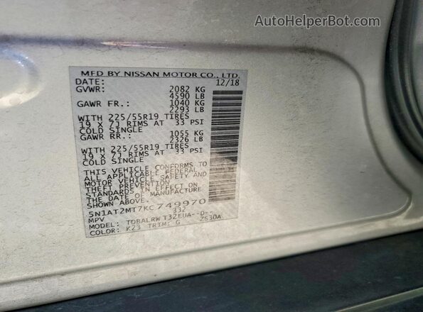 5N1AT2MT7KC749970 2019 NISSAN ROGUE Silver Вид наклейки з VIN-кодом