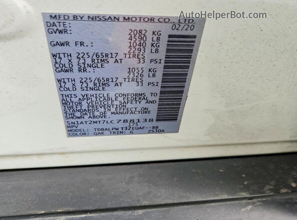 5N1AT2MT7LC788138 2020 NISSAN ROGUE White Սալոնի 360 աստիճան տեսք