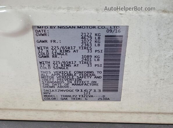 5N1AT2MV0GC916713 2016 NISSAN ROGUE White VIN კოდის სტიკერის ხედი