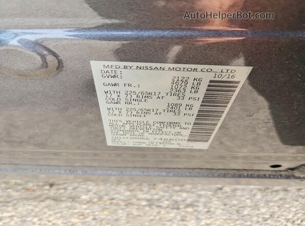 5N1AT2MV0HC746600 2017 NISSAN ROGUE Gray VIN კოდის სტიკერის ხედი