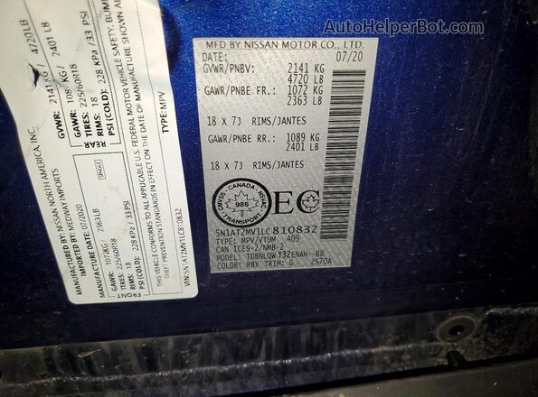5N1AT2MV1LC810832 2020 NISSAN ROGUE Blue VIN կոդի պիտակի տեսք