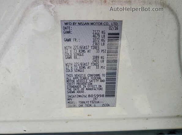 5N1AT2MV2GC805998 2016 NISSAN ROGUE White Widok naklejki z numerem VIN