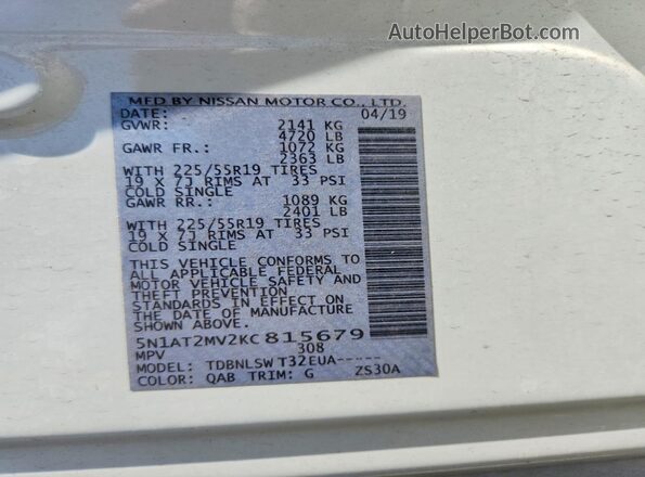 5N1AT2MV2KC815679 2019 NISSAN ROGUE White Vista de la etiqueta del VIN