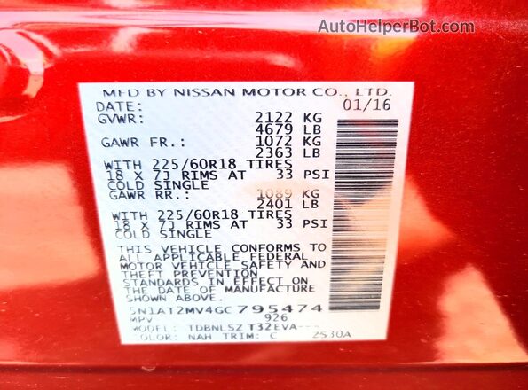 5N1AT2MV4GC795474 2016 NISSAN ROGUE Red Widok naklejki z numerem VIN