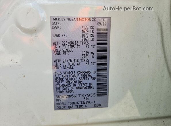 5N1AT2MV5GC737955 2016 NISSAN ROGUE White VIN sticker view