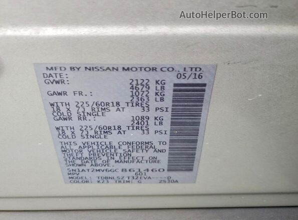 5N1AT2MV6GC861460 2016 NISSAN ROGUE Silver VIN კოდის სტიკერის ხედი