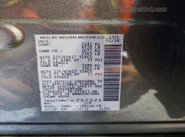5N1AT2MV7JC757521 2018 NISSAN ROGUE Gray Widok komory silnika
