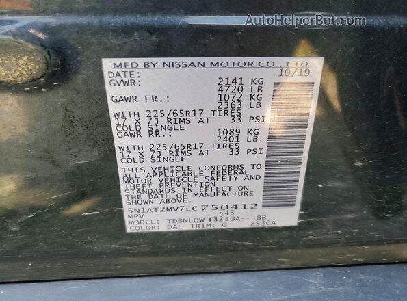 5N1AT2MV7LC750412 2020 NISSAN ROGUE Зеленый Вид наклейки с VIN-кодом