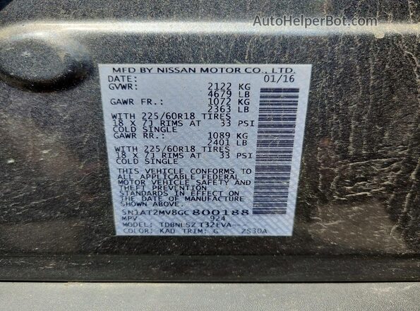 5N1AT2MV8GC800188 2016 NISSAN ROGUE Gray Вид наклейки з VIN-кодом