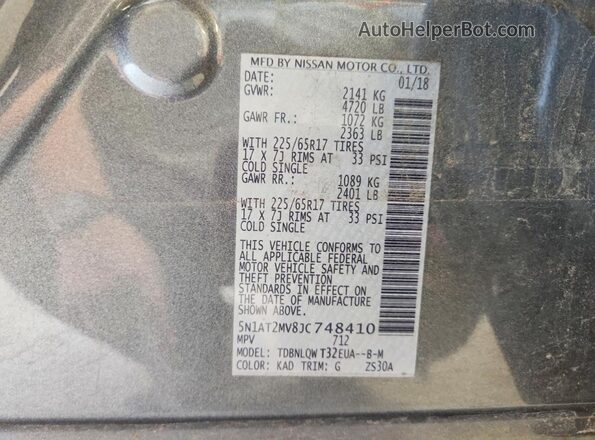 5N1AT2MV8JC748410 2018 NISSAN ROGUE Gray Widok naklejki z numerem VIN