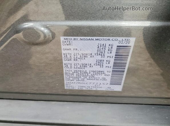 5N1AT2MVXLC777152 2020 NISSAN ROGUE Gray Вид наклейки з VIN-кодом
