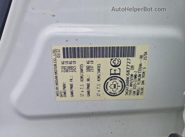 5N1AT3AB8NC687727 2022 NISSAN ROGUE Белый Вид наклейки с VIN-кодом
