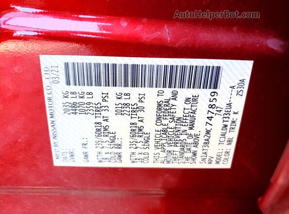 5N1AT3BA2MC747859 2021 NISSAN ROGUE Red Vista de la etiqueta del VIN
