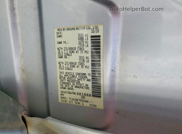 5N1AT3BA7MC681888 2021 NISSAN ROGUE Silver Vista de la etiqueta del VIN