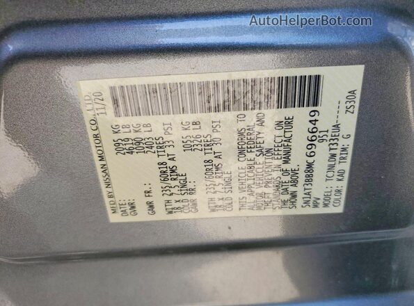 5N1AT3BB8MC696649 2021 NISSAN ROGUE Gray Вид наклейки з VIN-кодом