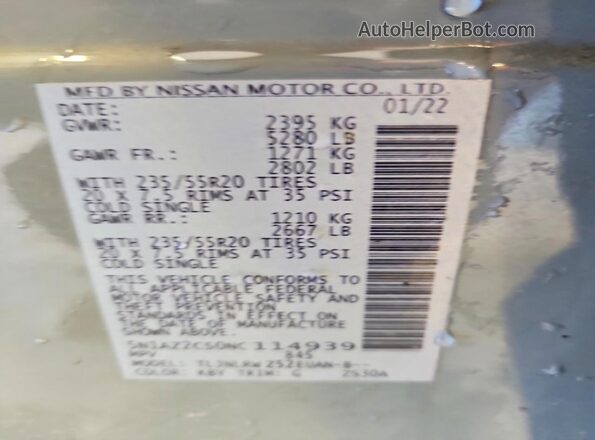 5N1AZ2CS0NC114939 2022 NISSAN MURANO Gray Vista de la etiqueta del VIN