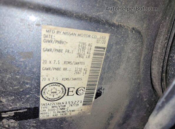 5N1AZ2CS6LN155271 2020 NISSAN MURANO Серый Вид наклейки с VIN-кодом