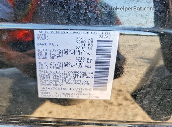 5N1AZ2CS8NC120696 2022 NISSAN MURANO Black VIN sticker view