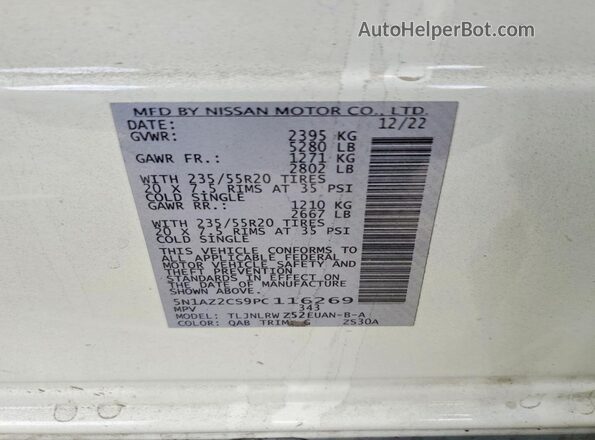 5N1AZ2CS9PC116269 2023 NISSAN MURANO White Вид наклейки з VIN-кодом