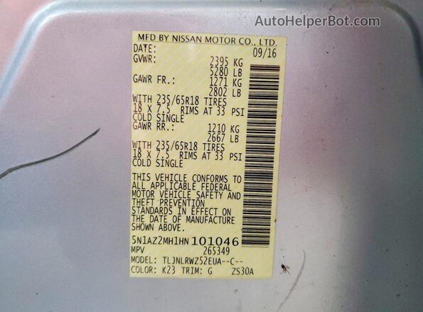 5N1AZ2MH1HN101046 2017 NISSAN MURANO Серебряный Вид наклейки с VIN-кодом