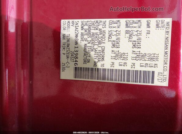5N1AZ2MH3HN139846 2017 NISSAN MURANO Бордовый Вид подкапотного пространства
