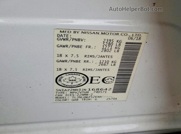 5N1AZ2MH3JN168642 2018 NISSAN MURANO White VIN sticker view