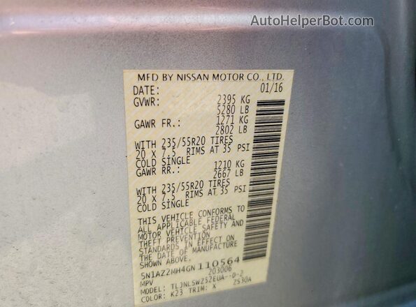 5N1AZ2MH4GN110564 2016 NISSAN MURANO Silver Вид наклейки з VIN-кодом