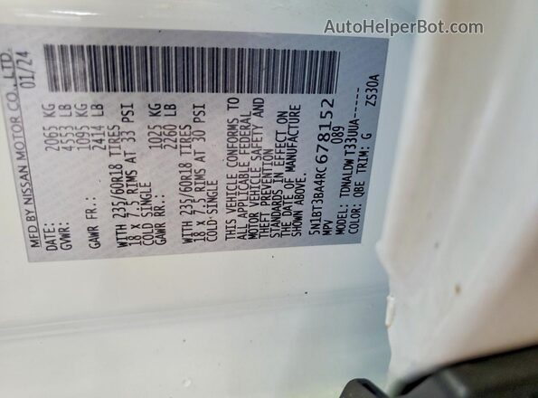 5N1BT3BA4RC678152 2024 NISSAN ROGUE White VIN კოდის სტიკერის ხედი
