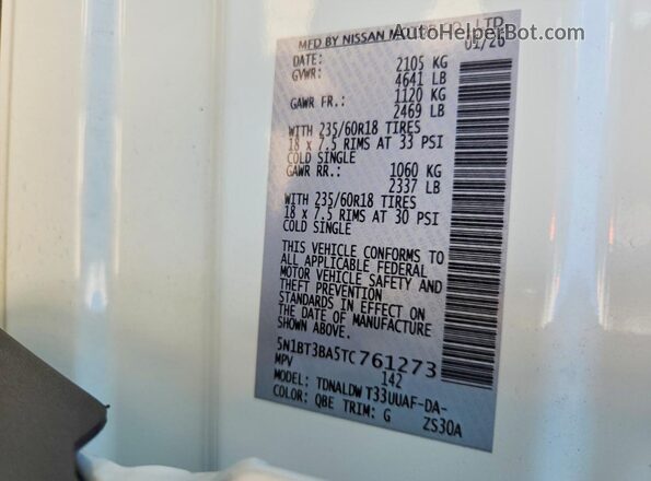 5N1BT3BA5TC761273 2026 NISSAN ROGUE White Widok naklejki z numerem VIN