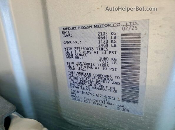 5N1BT3BA7SC824551 2025 NISSAN ROGUE Silver Vista de la etiqueta del VIN