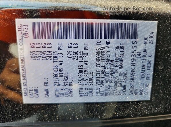 5N1BT3BA9PC893555 2023 NISSAN ROGUE Black Vista de la etiqueta del VIN