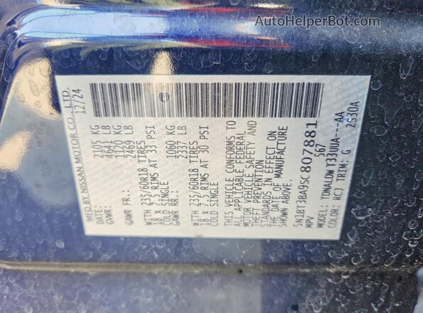 5N1BT3BA9SC807881 2025 NISSAN ROGUE Blue VIN կոդի պիտակի տեսք