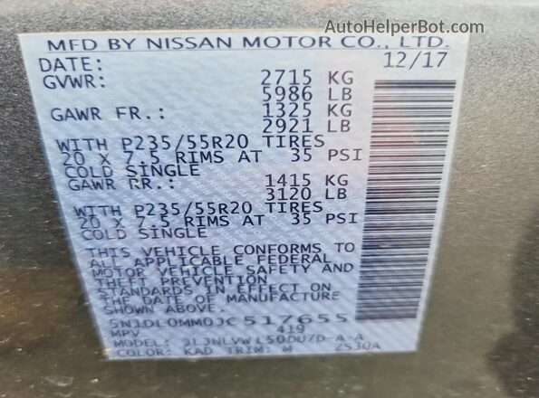 5N1DL0MM0JC517655 2018 INFINITI QX60 Gray Вид наклейки з VIN-кодом