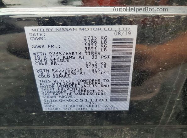 5N1DL0MM0LC511101 2020 INFINITI QX60 Black VIN sticker view