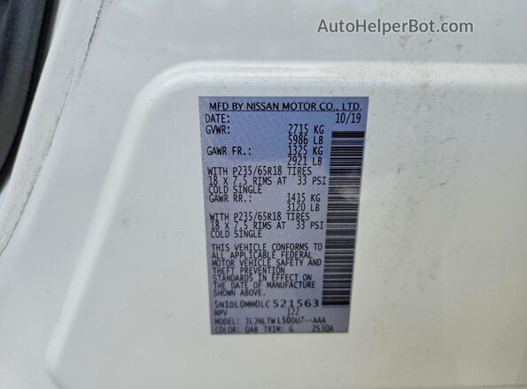 5N1DL0MM0LC521563 2020 INFINITI QX60 White VIN sticker view