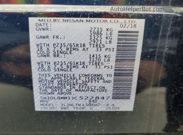 5N1DL0MM1JC522847 2018 INFINITI QX60 Blue VIN sticker view